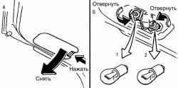 Замена ламп заднего противотуманного света (1) и света заднего хода (2) кузова хэтчбек